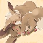  2016 brown_fur cuddling cute duo eevee eyes_closed feral fur lying neck_tuft nintendo on_side open_mouth pawpads paws pok&eacute;mon simple_background sleeping suppainu tan_fur tuft video_games 