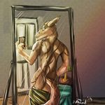  asher_tail brown_eyes butt clothing docisco male mirror piercing selfie sergal smile southern_sergal tattoo teasing towel undressing 
