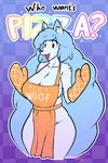  2016 abstract_background anthro apron big_breasts blue_fur blue_hair breasts canine checkered_background cleavage clothed clothing dakkpasserida female fluffy fur hair long_hair mammal naked_apron oven_mitts pattern_background rainbow simple_background solo text wide_hips wolf 