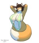  2017 amber_eyes anthro armpits big_breasts bikini breasts brown_fur brown_hair canine clothing corporalbackrubs digital_media_(artwork) dipstick_tail female fox fur gloves_(marking) hair hands_behind_head hi_res huge_breasts long_hair looking_at_viewer mammal markings multicolored_fur multicolored_tail navel orange_fur simple_background slightly_chubby sling_bikini smile solo swimsuit thick_thighs voluptuous white_background white_fur wide_hips 