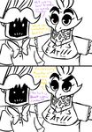 2015 animatronic anthro avian bib bird bow_tie chicken dialogue duo english_text female five_nights_at_freddy&#039;s half-closed_eyes inkyfrog lagomorph looking_at_viewer machine male mammal rabbit raised_eyebrow restricted_palette robot simple_background text video_games white_background withered_bonnie_(fnaf) withered_chica_(fnaf) 