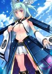  aqua_hair breasts cloud commentary day detached_sleeves hair_ornament highres large_breasts long_hair miniskirt nagoya_(oshiro_project) navel no_bra oshiro_project oshiro_project_re pleated_skirt sato-pon skirt sky solo underboob 