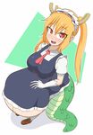  animal_humanoid anime belly big_belly blush breasts clothed clothing dragon dragon_tail fangs female hair hand_on_stomach horn humanoid maid_uniform open_mouth orange_hair post_vore red_eyes starcrossing tooru uniform vore young 