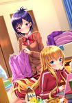  3: arched_back arm_support bag bangs blonde_hair blue_eyes blurry blush book_stack bottle bow bowtie breasts buttons can cardigan chips chopsticks closed_mouth closet collared_shirt computer curtains depth_of_field door dress_shirt drink dutch_angle eyebrows_visible_through_hair eyelashes folding_clothes food gabriel_dropout hair_ornament hairclip hand_on_own_cheek highres indoors jacket laptop long_hair long_sleeves looking_at_another lying medium_breasts messy_hair messy_room multiple_girls on_floor on_stomach plaid plaid_skirt plastic_bag pleated_skirt purple_eyes purple_hair red_bow red_jacket red_neckwear red_skirt shadow shiny shiny_hair shirt short_hair sitting skirt snack soda_can swordsouls tenma_gabriel_white track_jacket tsukinose_vignette_april very_long_hair wall white_shirt wooden_floor x_hair_ornament zipper 
