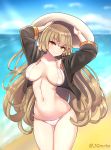  arms_up bangs beach bikini black_jacket body_writing breasts breasts_apart brown_hair collarbone cowboy_shot day eyebrows_visible_through_hair girls_frontline hat head_tilt highres holding holding_hat ithaca_m37_(girls_frontline) jacket large_breasts long_hair looking_at_viewer manme micro_bikini navel ocean open_clothes open_jacket orange_eyes outdoors smile solo stomach sun_hat swimsuit twitter_username very_long_hair white_bikini zipper_pull_tab 