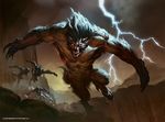  anthro canine charging claws featureless_crotch front_view group jumping lightning looking_at_viewer magic_the_gathering mammal mountain nude official_art sharp_teeth slawomir_maniak snarling solo_focus spread_arms teeth were werewolf 
