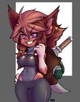  2017 anthro backpack breasts clothed clothing ear_piercing explosives fan_character female fia_(plagueofgripes) grenade league_of_legends looking_at_viewer meloninu navel piercing purple_eyes slit_pupils smile solo video_games weapon yordle 