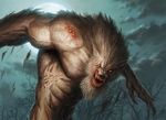  abs anthro beard body_horror canine cloud dan_scott facial_hair magic_the_gathering male mammal moon muscular official_art pecs sharp_teeth solo teeth vein were werewolf 