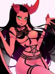  black_hair breasts clothing collar demon evdokiya featureless_breasts female green_eyes hair halphelt horn humanoid lingerie monster navel pentagram red_skin simple_background succubus white_background wings 