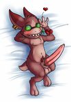  anthro balls bed blush ear_piercing emenius erection eyewear flower fur goggles gremlin_(spiral_knights) looking_at_viewer lying male nude penis piercing plant precum solo spiral_knights 