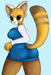  aggressive_retsuko big_breasts breasts clothing collar_shirt costume happy legwear looking_at_viewer mammal miniskirt neronova office_outfit open_mouth red_panda skirt stockings voluptuous 