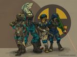  2015 4_toes alekksandar anthro armor boots breasts cheetah clothed clothing digitigrade feline fin fish footwear frill group head_fin head_frill helmet hi_res mammal marine non-mammal_breasts ranged_weapon scalie shark simple_background standing tail_fin team_fortress toes weapon 
