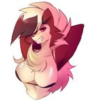  anthro armpits big_breasts bikini bikini_top breasts canine clothing dog female fur hands_behind_head looking_at_viewer lycanroc mammal midnight_lycanroc nintendo pok&eacute;mon raikissu red_eyes red_fur simple_background smile solo swimsuit video_games white_background 