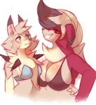  anthro armpits big_breasts blush bra breast_envy breast_size_difference breasts canine clothing dog duo female fur grey_fur jealous lycanroc mammal midday_lycanroc midnight_lycanroc nintendo pok&eacute;mon raikissu simple_background underwear video_games 