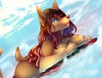  anthro areola breasts canine dk- erect_nipples facial_piercing female furgonomics furry-specific_piercing inner_ear_fluff looking_at_viewer lying mammal muzzle_piercing nipple_piercing nipples nose_piercing nude on_front piercing raised_tail smile solo surfboard tongue tongue_out 