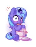  2017 blue_eyes blue_feathers blue_hair blush bobdude0 cookie crown cutie_mark eating equine feathered_wings feathers female feral food friendship_is_magic hair horn jar looking_at_viewer mammal my_little_pony princess_luna_(mlp) simple_background solo white_background winged_unicorn wings young 