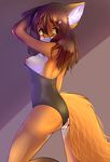  anthro armpits breasts canine clothing dk- female fox fur hair looking_at_viewer mammal nipples pussy pussy_juice solo standing swimsuit underwear_aside 