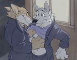  anothercolouranon anthro canine chest_tuft claws clothed clothing clothing_lift coat disney duo eye_contact fur gary_(zootopia) greyscale hand_on_chest jacket larry_(zootopia) male male/male mammal monochrome pants shirt shirt_lift smile takemoto_arashi tuft 