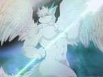  2013 angel_dragon anthro dragon feathered_wings feathers magic male melee_weapon muscular nude polearm sckhar solo spear ursofofinho weapon wings 