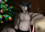  anthro briefs christmas christmas_tree clothed clothing excitedcargoyle eyewear feline fur glasses hair holidays looking_at_viewer male mammal overweight sitting solo topless tree underwear 