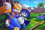  2017 anthro areola balls black_nose blue_fur blue_hair breasts brown_fur butt butt_grab canine clothing cloud darksidemvj dinosaur duo_focus english_text female fingerless_gloves flower fox fox_mccloud fur gloves grass green_eyes group hair hair_ornament hand_on_butt headband hi_res jewelry krystal male male/female mammal markings necklace nintendo nipples open_mouth outside penis plant prince_tricky pussy pussy_juice scalie sex short_hair shoulder_pads spikes staff star_fox text tribal vaginal video_games weapon white_fur 