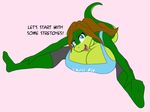  anthro big_breasts blue_eyes breasts brown_hair clothing female hair huge_breasts lizard ponytail reptile samantha_brooks sarcolopter scalie shirt simple_background solo tank_top wii_fit 