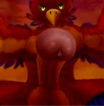  2017 abs anthro avian biceps first_person_view fur genital_focus glans glossy_glans looking_at_viewer low-angle_view male muscular muscular_male pecs penis precum red_fur solo sunset trigaroo vein veiny_penis yellow_eyes 