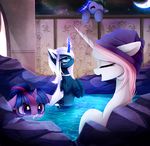  blue_eyes equine eyelashes eyes_closed feathered_wings feathers feral friendship_is_magic group hair hi_res horn magnaluna mammal moon my_little_pony night open_mouth outside partially_submerged paws princess_luna_(mlp) purple_eyes sky star starry_sky twilight_sparkle_(mlp) unicorn water white_hair winged_unicorn wings 