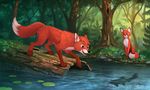  amazing_background black_nose canine claws detailed_background disney duo female fish forest fox fox_and_the_hound fur male mammal marine nude open_mouth orange_fur outside paws sitting smile standing teeth tod tongue tree vixey water yakovlev-vad 
