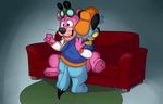  anthro bottomless canine clenched_teeth clothed clothing dog duo eyewear feline glasses hanna-barbera huckleberry_hound lion male male/male mammal neenya open_mouth pointing rear_view sitting snagglepuss snagglepuss_(show) sofa spread_legs spreading standing teeth 