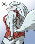  anthro big_tail blush breasts butt canine clothed clothing digital_media_(artwork) embarrassed female fur grey_fur hair long_hair looking_at_viewer mammal partially_clothed rakkuguy revealing_(disambiguation) scar shy simple_background solo standing sweater velvela virgin_killer_sweater white_background wolf yellow_eyes 