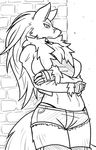  anthro big_breasts breasts brick canine chest_tuft clothed clothing female fur glare gloves hair jacket leaning long_hair mammal monochrome muscular muscular_female navel outside rakkuguy scar shorts solo standing thong tuft underwear velvela wolf 