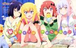  :3 :d :o absurdres ahoge barefoot bat_hair_ornament blonde_hair blue_eyes blue_legwear blush bread breasts character_name cleavage closed_eyes controller dress dualshock eating eyebrows_visible_through_hair fang food gabriel_dropout game_controller gamepad girl_sandwich hair_ornament hair_rings head_tilt highres holding holding_food kurumizawa_satanichia_mcdowell lavender_hair leaning_on_person leaning_to_the_side long_hair looking_at_viewer magazine_scan melon_bread multiple_girls official_art open_mouth panties pink_panties playing_games promotional_art purple_hair red_eyes red_hair sandwiched scan school_uniform shiraha_raphiel_ainsworth short_hair side-by-side silver_hair sitting sleeping sleeping_on_person sleeping_upright small_breasts smile striped striped_panties tenma_gabriel_white text_focus thighhighs towel towel_on_head tsukinose_vignette_april underwear v-shaped_eyebrows watanabe_mai yellow_eyes zettai_ryouiki 