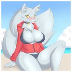 anthro beach big_breasts big_tail bikini blush breasts canine chest_tuft cleavage clothed clothing cloud collar embarrassed female fur grey_fur hair jacket long_hair looking_at_viewer mammal outside revealing_(disambiguation) scar seaside shy sitting sky sliceofppai_(artist) smile solo swimsuit tuft velvela water wolf yellow_eyes 