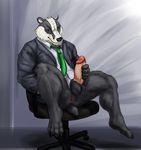  2017 4_toes anthro anus badger balls barefoot biped black_balls black_claws black_clothing black_fur black_nose black_tail black_topwear bottomless chair claws clothed clothing digital_media_(artwork) erection eyebrows front_view fur green_eyes holding_penis humanoid_penis looking_at_viewer male mammal multicolored_fur mustelid necktie office_chair penis pink_anus pink_penis rwolf short_tail sitting small_tail snout solo suit toe_claws toes two_tone_fur white_fur 