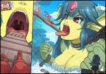  angry bad_end breasts chain clenched_hands cloud cuffs day giantess giga_mermaid green_skin hair_ornament head_fins highres karbo large_breasts long_hair mermaid monster_girl multiple_girls ocean open_mouth partially_submerged purple_hair red_eyes restrained saliva shackles shantae:_half-genie_hero shantae_(character) shantae_(series) shell shell_bikini size_difference sky sliding techno_baron teeth tongue tongue_out tree uvula vore 