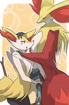  black_fur blue_fur blush braixen canine chest_spike delphox female fox fur larger_female lucario male mammal nintendo open_mouth pok&eacute;mon red_eyes red_fur simple_background size_difference smaller_male stick tan_fur video_games white_fur yellow_fur ソリュウ 