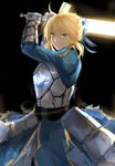  :/ absurdres ahoge armor armored_dress artoria_pendragon_(all) black_background blonde_hair bow excalibur fate/stay_night fate_(series) fighting_stance gauntlets green_eyes hair_bow hair_ribbon highres holding looking_at_viewer naemperor ribbon saber simple_background solo sword v-shaped_eyebrows weapon 