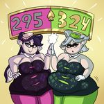  belly big_belly big_breasts blewd-naughting blush breasts callie cephalopod cleavage clothed clothing ear_piercing gloves hand_on_stomach high_five marie marine nintendo overweight piercing pointy_ears ridiculouscake smile splatoon squid squid_sisters video_games 
