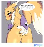  2017 anthro black_sclera blue_eyes butt canine cub digimon digital_media_(artwork) english_text fox fur looking_at_viewer mammal open_mouth renamon simple_background solo spunkie standing text yellow_fur young 
