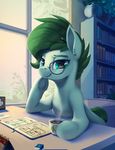  animated day detailed_background ear_piercing equine eyewear fan_character female feral glasses green_eyes green_hair hair mammal my_little_pony no_sound piercing rodrigues404 smile solo window 