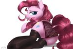  2017 blue_eyes butt clothing dock earth_pony equine eyelashes female feral friendship_is_magic hair horse legwear lingerie looking_at_viewer looking_back mammal mrscurlystyles my_little_pony panties pink_hair pinkie_pie_(mlp) pony simple_background solo stockings tongue tongue_out underwear white_background 