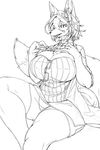  4_fingers anthro big_breasts big_butt breasts butt canine cleavage clothed clothing eyebrows eyelashes eyewear female fox glasses huge_breasts inner_ear_fluff jacket kemono keyhole_turtleneck legwear looking_at_viewer mammal monochrome panties simple_background sketch skirt solo stockings sweater thick_thighs thigh_highs underwear voluptuous wide_hips yoona 