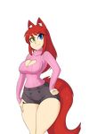  &lt;3 2017 animal_humanoid blue_eyes breasts canine cleavage clothed clothing female fox fox_humanoid hair heterochromia humanoid kaitlin keyhole_turtleneck mammal pose red_hair shorts skecchiart sweater thick_tighs wide_hips yellow_eyes 