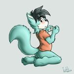  2015 amber_eyes anthro black_hair black_nose blue_fur blush bottomless butt canine child clothed clothing controller cub feet fox fur game_controller green_fur grey_background hair iztli kneeling looking_at_viewer looking_back male mammal orange_eyes paws shirt signature simple_background solo t-shirt tweaker video_games white_background white_fur young 