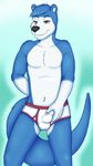  4_fingers anthro black_nose blue_fur briefs brown_eyes bulge clothing cub fondling fur island_(character) male mammal morhlis mustelid otter simple_background solo standing teenager underwear young 