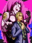  ambiguous_gender animal_humanoid anthro aura blonde_hair business_suit cat_humanoid charleian clothed clothing duo feline fully_clothed hair human humanoid jojo&#039;s_bizarre_adventure killer_queen looking_at_viewer male mammal red_eyes standing suit yoshikage_kira 