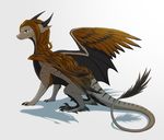  brown_hair claws dragon feathered_wings feathers female feral green_eyes hair horn hybrid jay-kuro long_hair membranous_wings simple_background smile standing white_background wings 