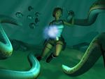  1996 angry clothed clothing female fish gun human lara_croft mammal marine official_art ranged_weapon rock seabed solo tentacles tomb_raider underwater water weapon 