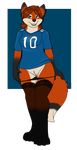  2017 anthro bottomless breasts brown_hair canine clothed clothing female flashing football_jersey fox green_eyes hair legwear looking_at_viewer mammal os panties pussy smile solo standing stockings teeth underwear undressing vaginal 